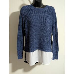 Faded Glory Navy Blue Knit Sweater with Layered Chiffon Trim Hem Large